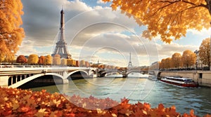 Seine in Paris with Eiffel tower in autumn time