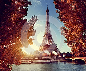 Seine in Paris with Eiffel tower in autumn time