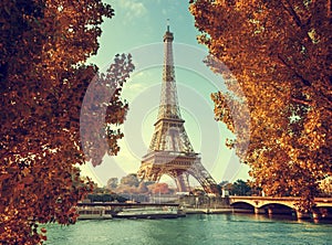 Seine in Paris with Eiffel tower in autumn time