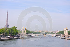 Seine river Eiffel tower cityscape Paris France