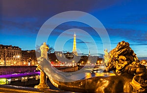 The Seine river and Eiffel Tower seen pont Alexandre III.