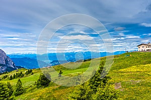 Seiser Alm, Italy - 29 June 2018: Hotel at the summit of Seiser Alm Puflatsch Bullaccia, Alpe Di Siusi in Italy