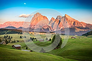 Seiser Alm with Langkofel Group in last sunlight, South Tyrol, Italy