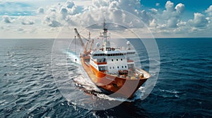Seismic survey ship in action on open sea for LNG exploration