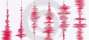 Seismogram earthquake graph. Oscilloscope waves, seismograms waveform and seismic activity graphs vector illustration