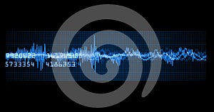 Seismogram. Waveform. Oscilloscope. Blue spectogram. Musical equalizer. Sound wave. emergency ekg monitoring blue glowing neon