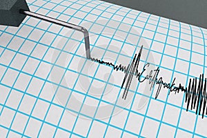 Seismograph tracing the curve that indicates seismic activity pen record the waves on the drum with word earthquake 3D RENDER