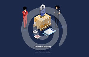 Seizure Of Property Conceptual Design In Cartoon 3D Style. Vector Illustration On Dark Background. Isometric Composition