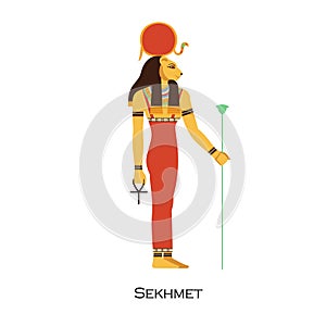 Sekhmet, Ancient Egyptian goddess with lioness head and solar disk. Woman deity of warriors and healing. Old Egypts