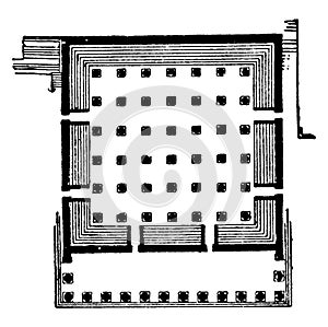 Sekos Plan of the Great Hall is the Mysteries place, vintage engraving