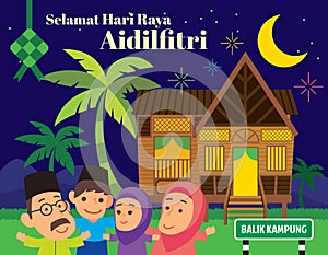 Selamat Hari Raya Aidilfitri. Cartoon Muslim family celebrating Muslim festival at traditional Malay village house