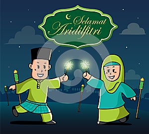 Selamat Hari Raya Aidilfitri vector illustration with cute muslim kids having fun with sparklers