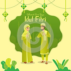 Selamat hari raya Idul Fitri is another language of happy eid mubarak in Indonesian. Cartoon muslim couple celebrating Eid al fitr