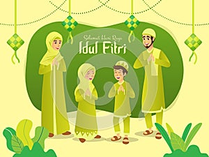 Selamat hari raya Idul Fitri is another language of happy eid mubarak in Indonesian. Cartoon muslim family celebrating Eid al fitr