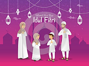 Selamat hari raya Idul Fitri is another language of happy eid mubarak in Indonesian. Cartoon muslim family celebrating Eid al fitr