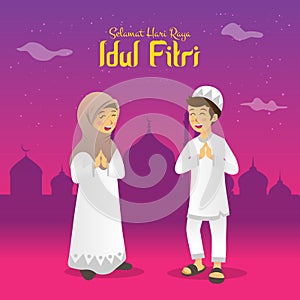 Selamat hari raya Idul Fitri is another language of happy eid mubarak in Indonesian. Cartoon muslim kids celebrating Eid al fitr i