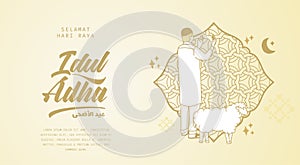 Selamat Idul Adha.Translation: Happy Eid Al Adha Mubarak. Eid al-Adha Greeting with man praying and sheep for qurban. Vector