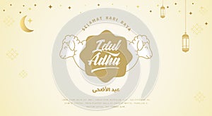 Selamat Idul Adha.Translation: Happy Eid Al Adha Mubarak. Eid al-Adha Greeting with man praying and sheep for qurban. Vector
