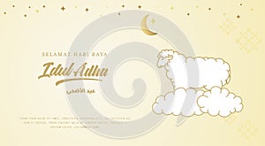 Selamat Idul Adha.Translation: Happy Eid Al Adha Mubarak. Eid al-Adha Greeting with man praying and sheep for qurban. Vector