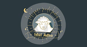 Selamat Idul Adha.Translation: Happy Eid Al Adha Mubarak. Eid al-Adha Greeting with man praying and sheep for qurban. Vector