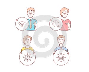 Select alarm, World time and Wifi icons. International globe sign. Vector