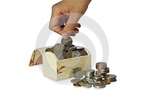 Select focus,Asia female hand putting a coin into chest bank, isolated on white background