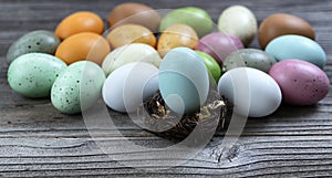 Select focus of a egg in nest with additional eggs and rustic wood in background
