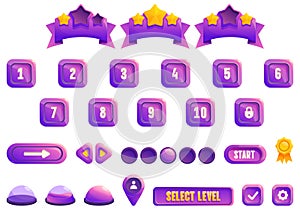 Select game level icons set cartoon vector. Indicator pointer locked