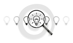 Select good idea, find solutions, search inspiration concept. Success, think, light bulb icon. Magnifying glass zoom