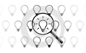 Select good idea, find solutions, search inspiration concept. Success, think, light bulb icon. Magnifying glass zoom