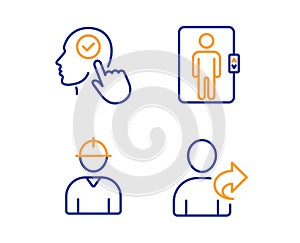Select user, Engineer and Elevator icons set. Refer friend sign. Vector