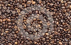 Selected calibrated Arabica coffee beans scattered on a surface, table, blended, top view