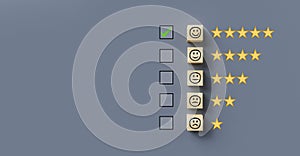 Selected checkbox besides a happy emoticon symbolizing a very good review  - 3d illustration