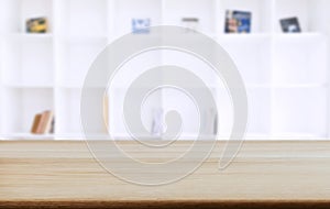 Selected focus empty old wooden table and Library or Bookstore