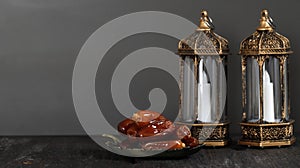 Selected Focus Lantern and Dates on Wooden Table. Ramadan kareem holiday celebration concept, Copy Space for Text