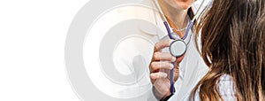 Selected focus on stethoscope doctor holding stethoscope toward patient in hospital