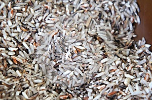 Selected focused of raw brown rice or paddy seed in brown ceramic bowl.
