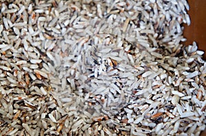 Selected focused of raw brown rice or paddy seed in brown ceramic bowl.