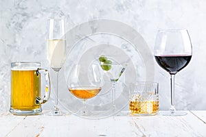 Selection of alcoholic drinks - beer, wine, martini, champagne, cogniac, whiskey