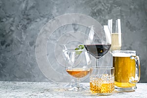 Selection of alcoholic drinks - beer, wine, martini, champagne, cogniac, whiskey