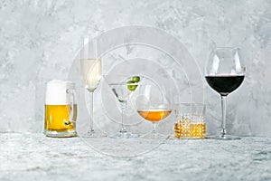 Selection of alcoholic drinks - beer, wine, martini, champagne, cogniac, whiskey