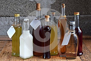 Selection of alcoholic drinks. Set of wine, brandy, liqueur, tincture, cognac, whiskey bottles. Large variety of alcohol and spiri