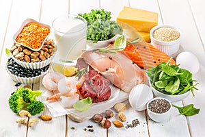 Selection of animal and plant protein sources on wood background