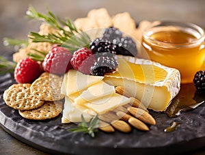 A selection of artisanal almond based cheeses served with whole grain crackers, fresh fruit, and a drizzle of honey photo