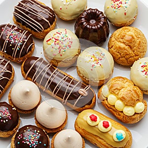 A selection of assorted pastries is displayed, featuring eclairs with chocolate and