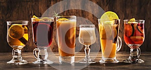 Selection of autumn or winter alcoholic hot drinks and cocktails - mulled wine, glogg, grog, eggnog, warm ginger ale, hot buttered