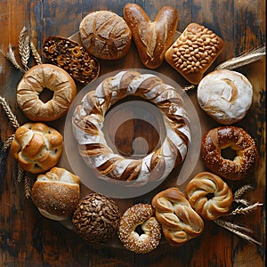 A selection of baked goods arranged in a circle on a wooden table