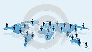 Selection of blue characters on abstract map of the world, concept of finding a suitable employee or friend