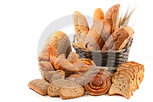 Selection of breads and pastries isolated on white background