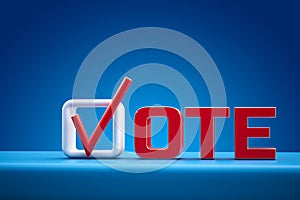 selection of a candidate for voting. Tick and inscription Vote on a blue background. 3D render